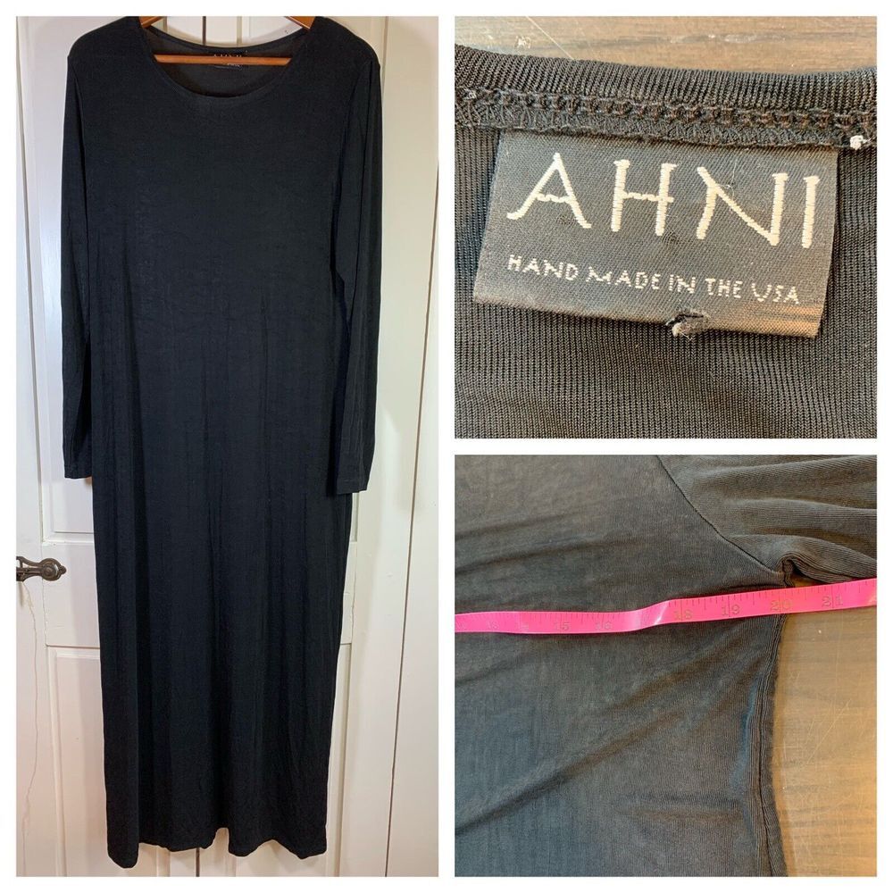 AHNI 2 Maxi Dress Women XL Black Slinky Knit Lagenlook Career Artsy Made‎ in USA